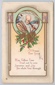 Happy New Year Father Time Holding Sickle Scythe Postcard Holly Berries 1910's - Picture 1 of 5