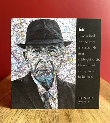 THE ART OF THE NORTH Leonard Cohen Greeting Card. Pen Drawing Over Map Of Montreal. Blank Inside