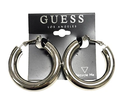 Nuovo Guess Lucidato Color Argento Spesso Orecchini a Cerchio - Immagine 1 di 4