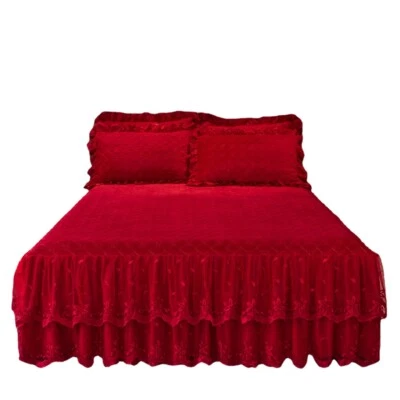 Thicken Lace Velvet Ruffle Bed Skirt Bedspread King Quilted Flower Luxury 3 Pcs - Image 1 of 4