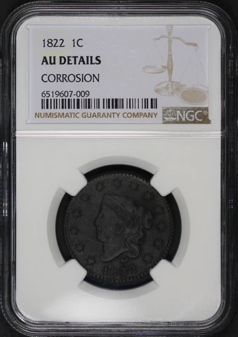 1822 Coronet Head Large Cent NGC AU Details Corrosion Cover