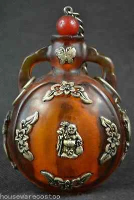 中国旧西藏银色琥珀雕刻蝴蝶佛像鼻烟瓶 — 第 1/4 张图片