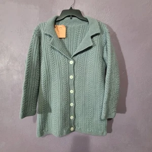 Handgestrickte Lama Wolle Damen Strickjacke Pullover Zopfmuster Schalkragen Knopf L - Bild 1 von 8