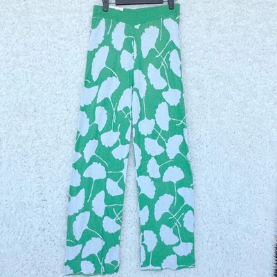 Pantalones Diane Von Furstenberg X Target Verde Blanco Hoja de Ginkgo Tejido Pierna Ancha Talla S Foto 1 de 4