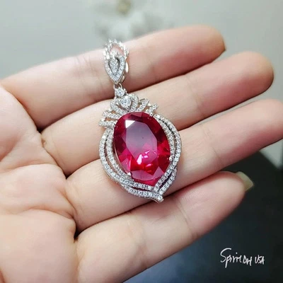 Large Ruby Sterling Silver Necklace 14 ct Oval Lab Red Gemstone Pendant July - Image 1 of 4