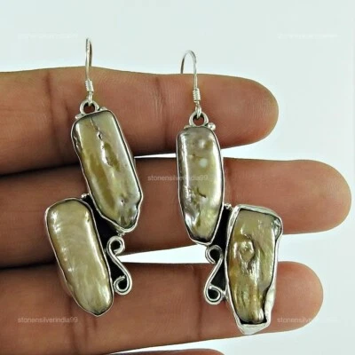 Pendientes colgantes de perlas Biwa naturales de plata maciza 925 regalo de Navidad Foto 1 de 4