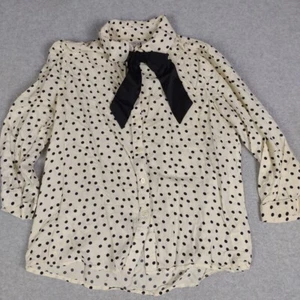 XXI Woman's Longsleeve Ivory Top Polka Dot Size S Button Up Bow Tie - Picture 1 of 11
