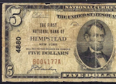 NY 1929 $5   ❀❀ HEMPSTEAD, NEW YORK  ❀❀  PMG FINE 12 - Image 1 of 3