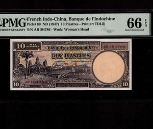 10 Piastres francesi indocinese 1947 P-80 * gemma PMG Unc 66 EPQ * grado raro * - Foto 1 di 2