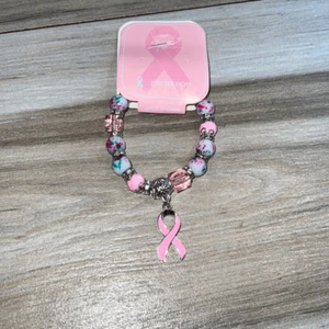 Pink And White Floral Breast Cancer Awareness Stretch Bracelet - Picture 1 of 6