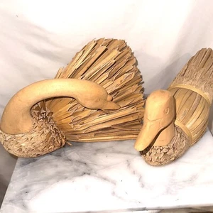 Primitive Vintage Swan Duck Wood Reed Straw Corn Husk Folk Art 2 Piece Set - Picture 1 of 13