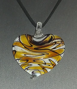 Heart Pendant Necklace Handmade Yellow W/ Black In Transparent Lampwork Glass - Picture 1 of 3