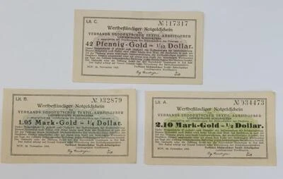 1/10, 1/4, 1/2 Dollar/Gold Marks 1923 Bavaria textile Mfg, Germany 3 pc lot,unc - Image 1 of 2
