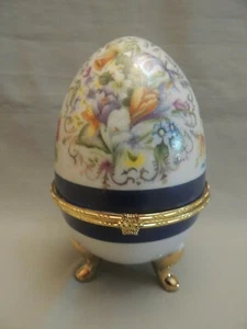 Limoges decorative porcelain egg floral- gold- blue - Picture 1 of 10
