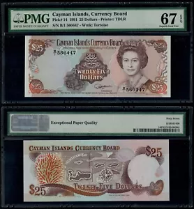 CAYMAN ISLANDS 25 DOLLAR (P14) 1991 QEII PREFIX B/1 PMG GEM UNC 67EPQ - Picture 1 of 3