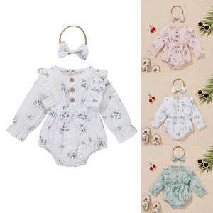 Newborn Baby Kids Girls Ruffle Romper Tops Floral Headband Outfits Set Clothes - Picture 1 of 15
