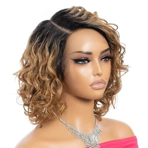 WaterWave Bob Lace Front 100% Human Hair Ombre NaturalColor to Honey Blonde Wigs - Picture 1 of 5