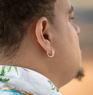  Men's Hip Hop Yellow Gold Plated 925 Sterling Silver Cz Hoop Earrings - Image 1 of 3