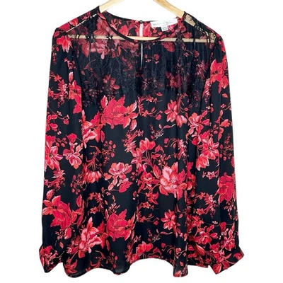 Top Chelsea & Theodore estampado floral de encaje rojo negro para mujer 2X noche caprichosa  Foto 1 de 4