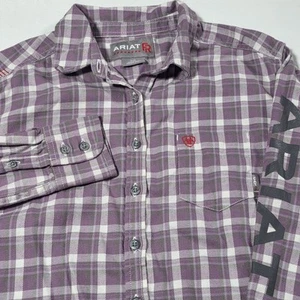 Ariat Flannel Shirt Womens L CAT2 2112 FR Purple Plaid Embroidered Logo Workwear - Picture 1 of 14