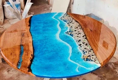 Kitchen Dinning Table TopLive Edge Glossy Look Round Walnut Wood Epoxy Resin - Image 1 of 4