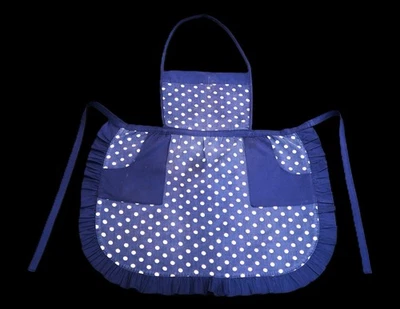 RETRO ANGELA'S APRONS INDIGO RUFFLED POLKA DOT BIB APRON WITH POCKETS - Image 1 of 4