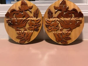 Wooden Wall Decor Carved 3D Floral 13”X11” Handmade VTG 2 Pc Set - Picture 1 of 9