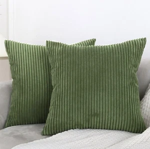 Pack of 2 Moss Green Corduroy Decorative Throw Pillow Covers 16x16 Inch Striped - Picture 1 of 5