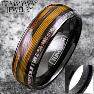 Engraved Black Tungsten Mens Ring Gold Fishing Line-Whiskey Barrel & Deer Antler - Picture 1 of 11