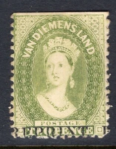 Tasmania 2d green QV Chalon on thick card with misplaced "REPRINT" overprint - Imagen 1 de 2