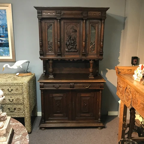 Renaissance Revival Oak Cupboard W/ Carved Hunting Scene Cover