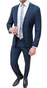 COMPLETO ABITO UOMO SARTORIALE BLU QUADRI VESTITO PRINCIPE DI GALLES CERIMONIA - Imagen 1 de 4