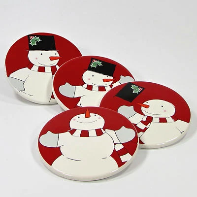 St. Nicholas Square TREE LOT Drink Coaster Set 4Pc Snowman Red White Scarf NIB - Image 1 of 4