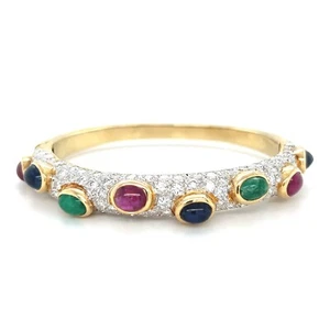 Vintage Emerald, Sapphire Ruby & Diamond Bangle Bracelet In 18k Gold - Picture 1 of 4