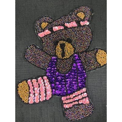 Vtg Exercising Teddy Bear Multicolored Sequin & Beaded 9"X8" Sew On Patch New - Image 1 of 4