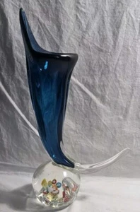 Lenwile Art Glass Ardalt Japan Millefiori Paperweight Vase Blue Cornucopia Vntg - Picture 1 of 19