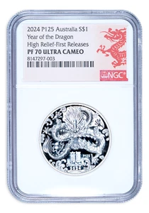 2024 Australia High Relief Lunar Dragon 1 oz Silver Coin NGC PF70 First Releases - Picture 1 of 2