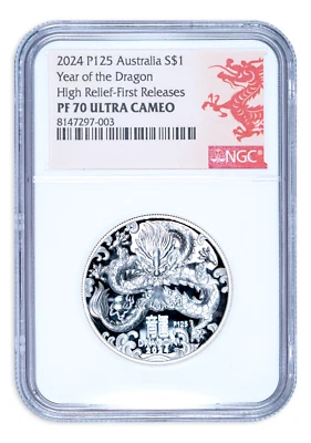 2024 Australia High Relief Lunar Dragon 1 oz Silver Coin NGC PF70 First Releases - Image 1 of 2