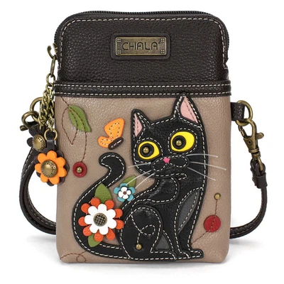 BLACK CAT FLOWER CELLPHONE CROSSBODY PURSE WARM GRAY CHALA - Image 1 of 4