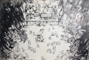 Tuschezeichnung Theater Bühnenbild signiert - Bild 1 von 12