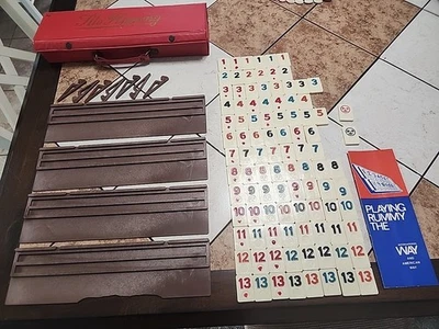 VINTAGE GAME Tile Rummy In Red Vinyl Carrying Case Missing pieces see photos - Image 1 of 4