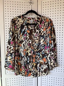Chico's 2 / US Lg Colorful Print 3/4 SLV Blouse V Neck Silky Org/Brown/Pink - Picture 1 of 6
