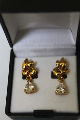 KAS 14KT Gold Plated Cz Pear Dangle Clip-On Earrings Faux Diamond Jewelry NIB - Image 1 of 4