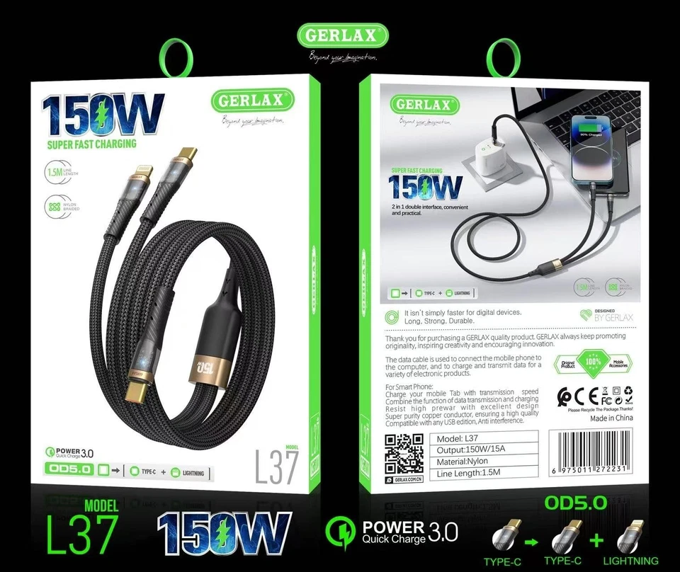 150W Super fast Charging Cable 2 in 1 Double interface Type C to C and iPhone - Image 1 of 1