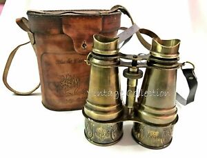 Binocular Vintage Antique 6" Binocular Brass Marine Monocular with Leather Box