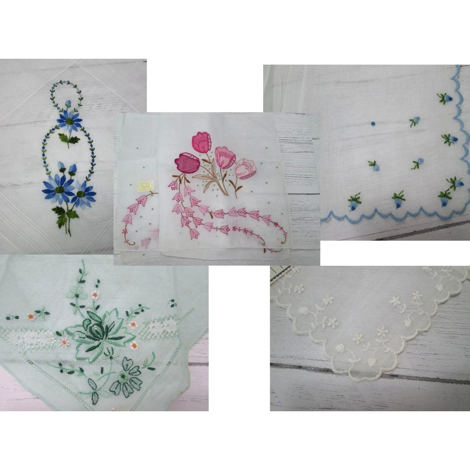 复古手帕 批量 刺绣 花雏菊 郁金香 玫瑰花蕾 纯绿色 — 第 1/4 张图片