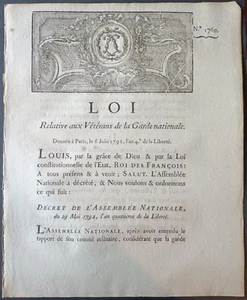 LOIS ARRETES DECRETS - LOI - Vétérans de la Garde Nationale - 6 JUIN 1792 - Imagen 1 de 2