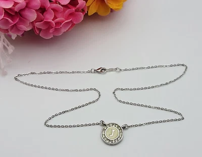 White Gold Plated Initial Letter J Crystal Pendant Necklace 18.5 in Cream Enamel - Image 1 of 4