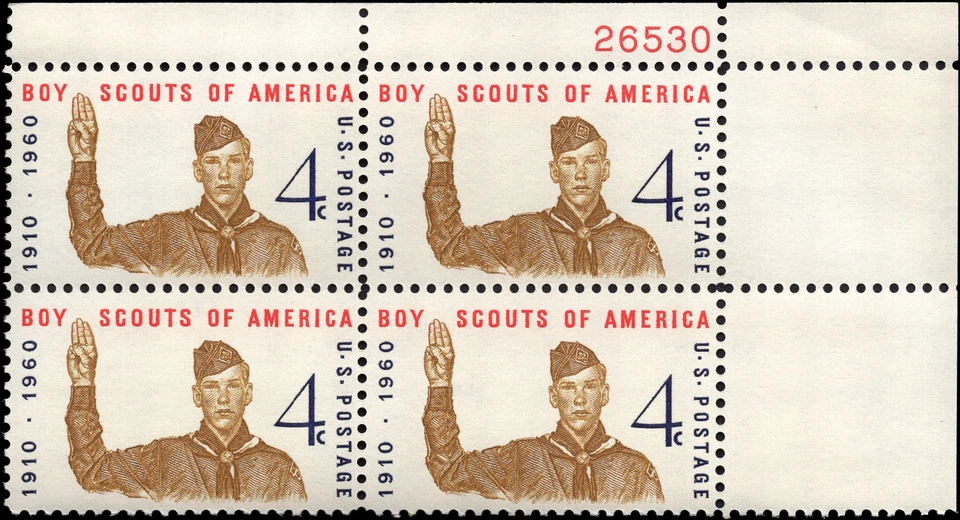 US Scott # 1145, Boy Scouts of America, Plate Block of (4) 1960 4¢ Stamps, MNH - Image 1 of 1