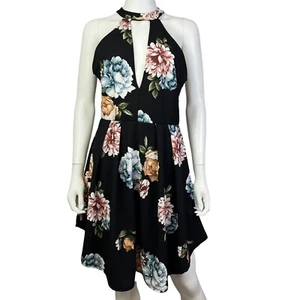 Charlotte Russe Black Halter Neck Asymmetrical Floral Dress Size L (H10156) - Picture 1 of 8